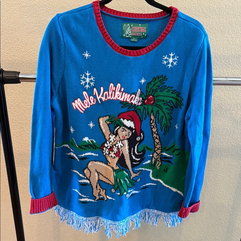Blue 'Mele Kalikimaka' Hawaiian Hula Ugly Christmas Sweater
